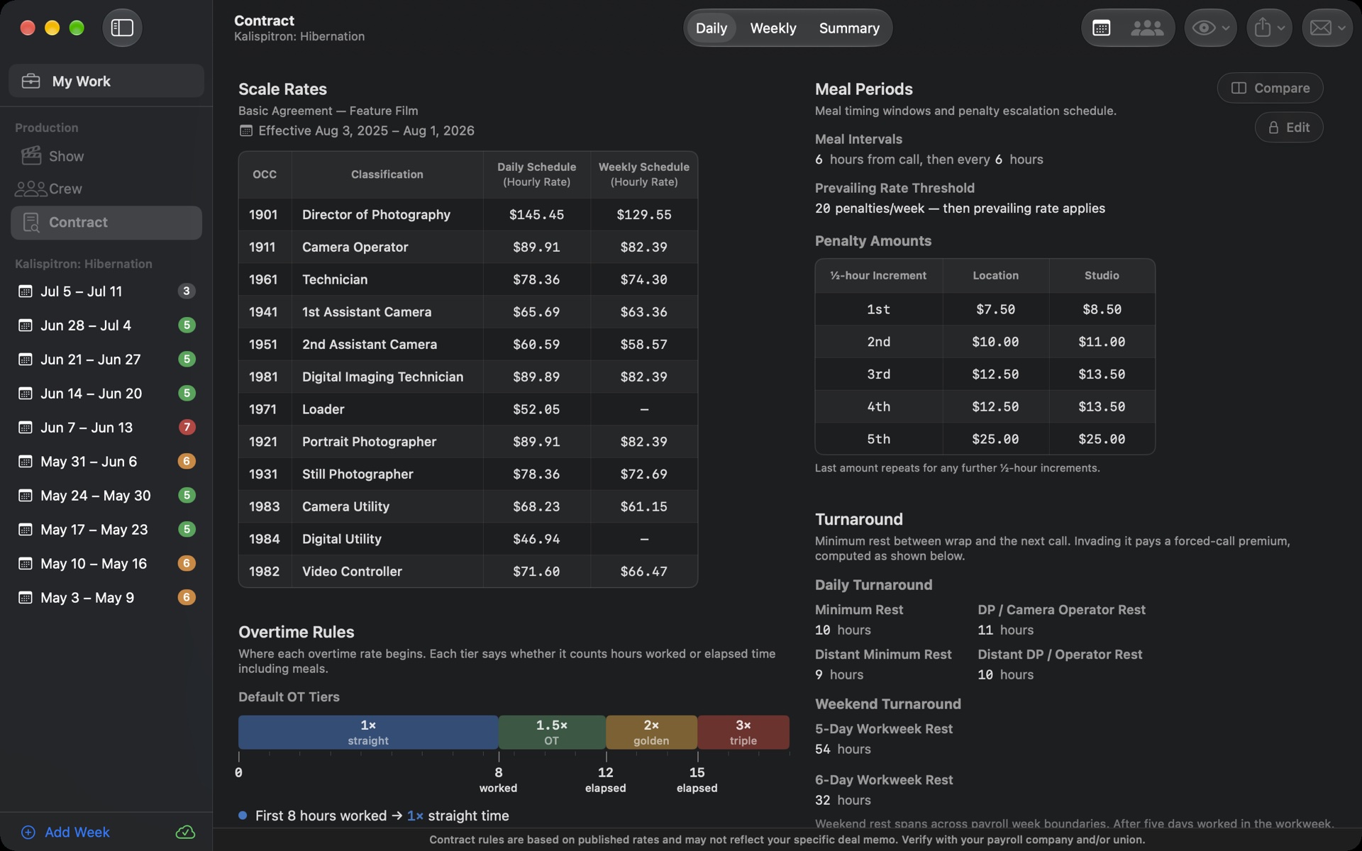 TimeCardRobot contract rules — scale rates and overtime tiers on Mac