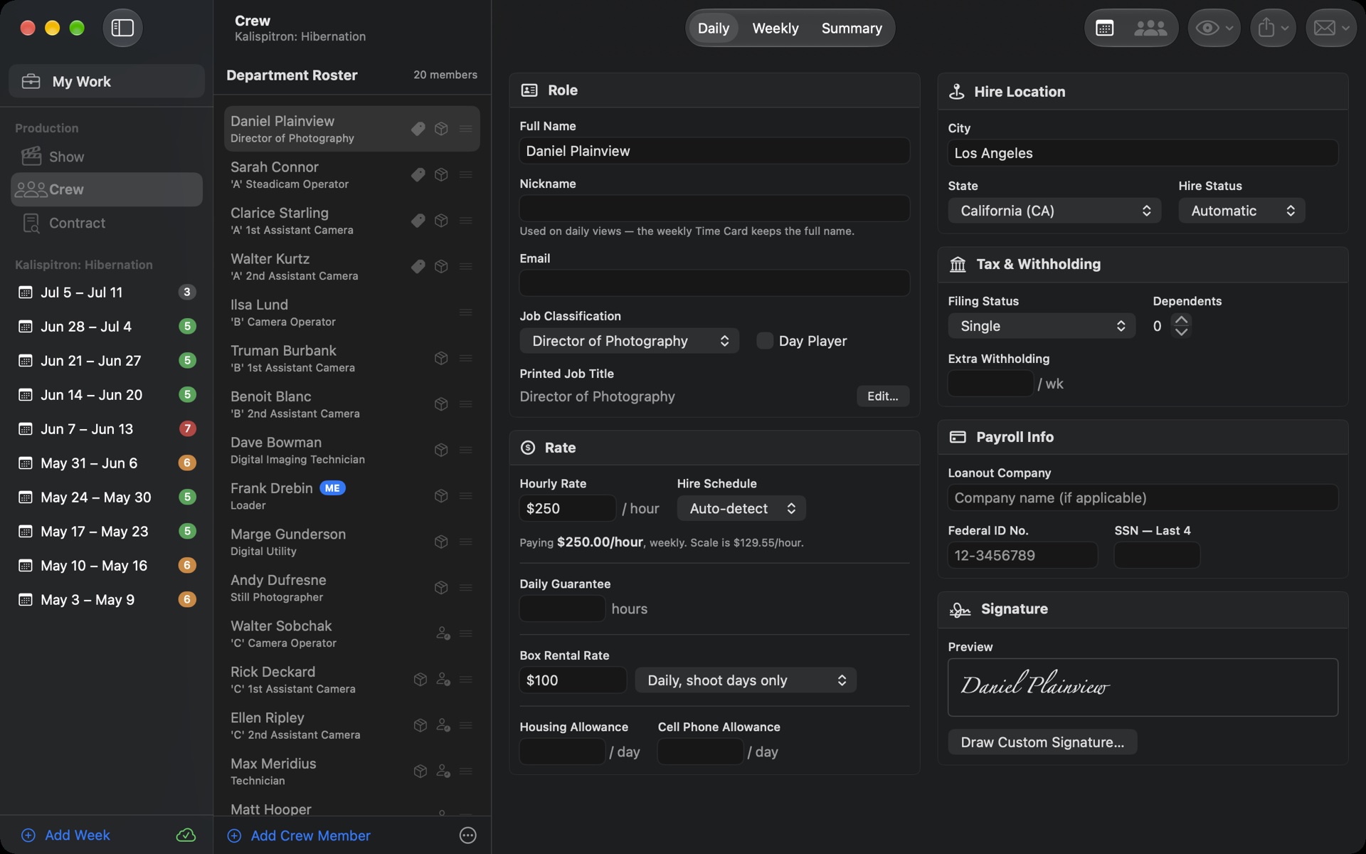 TimeCardRobot crew roster with per-crew-member details on Mac