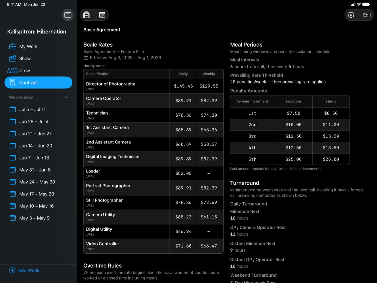 TimeCardRobot contract rules — scale rates and overtime tiers on iPad
