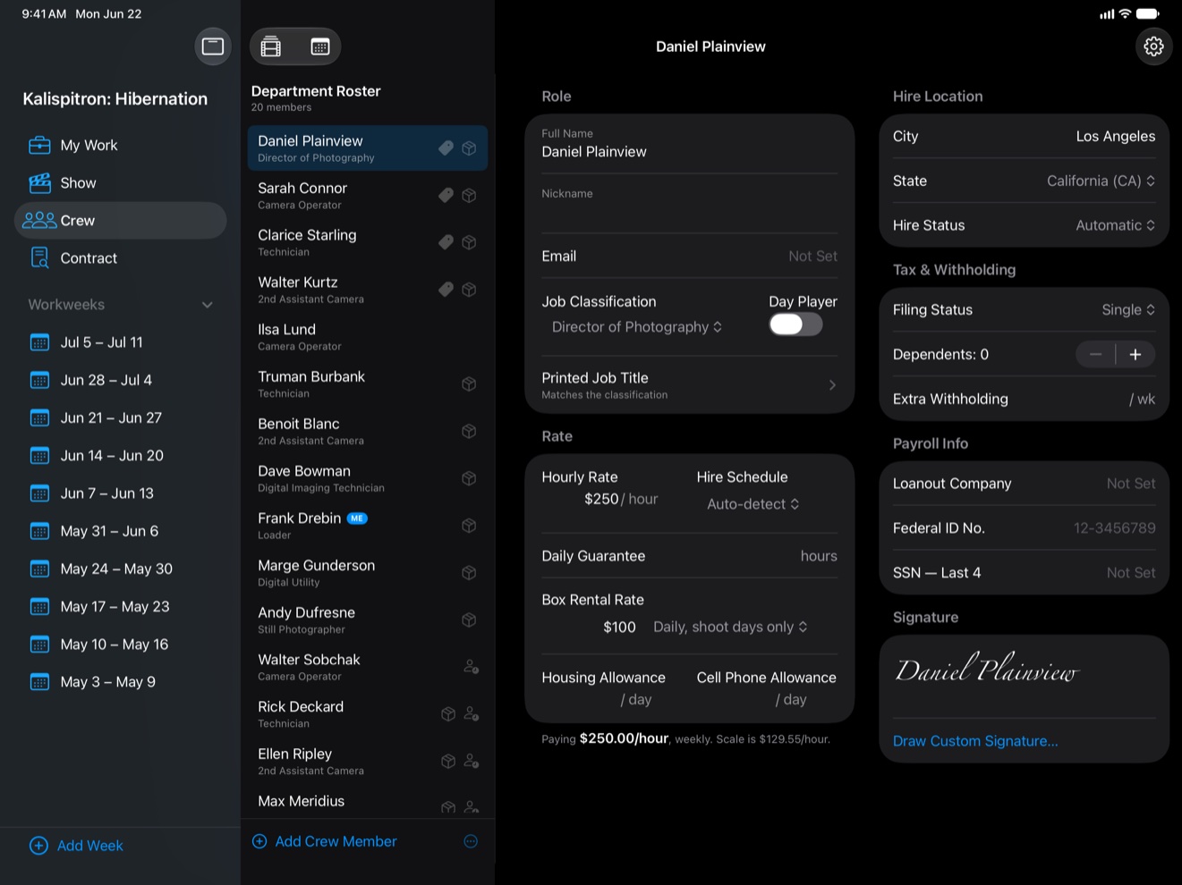 TimeCardRobot crew roster with per-crew-member details on iPad