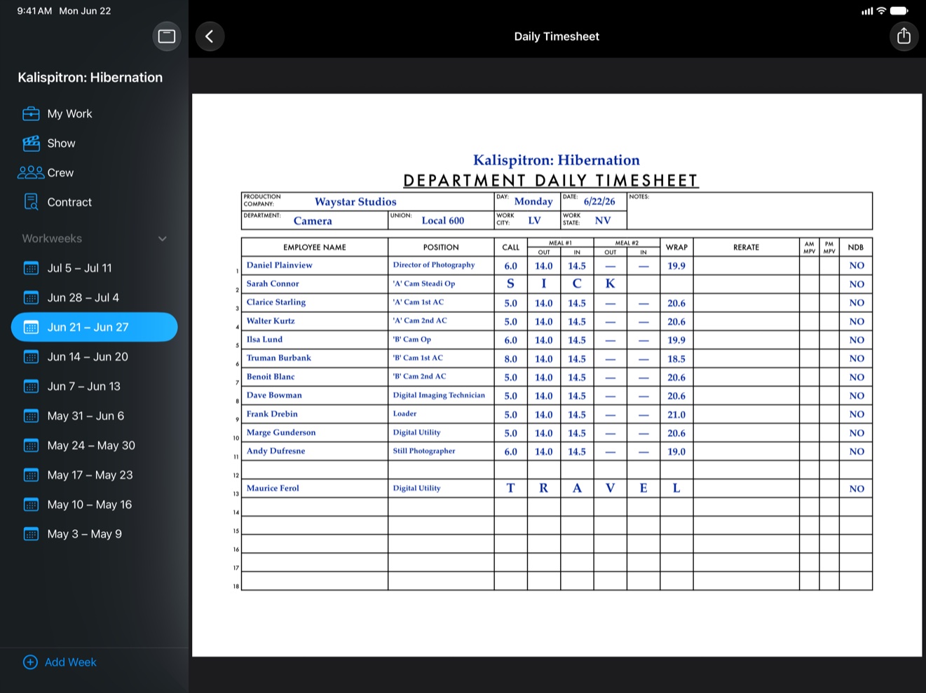 TimeCardRobot Daily Timesheet PDF preview on iPad