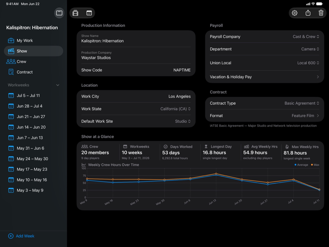 TimeCardRobot production setup — contract type, payroll company, and work location on iPad, with the sidebar of crew, contract and workweeks