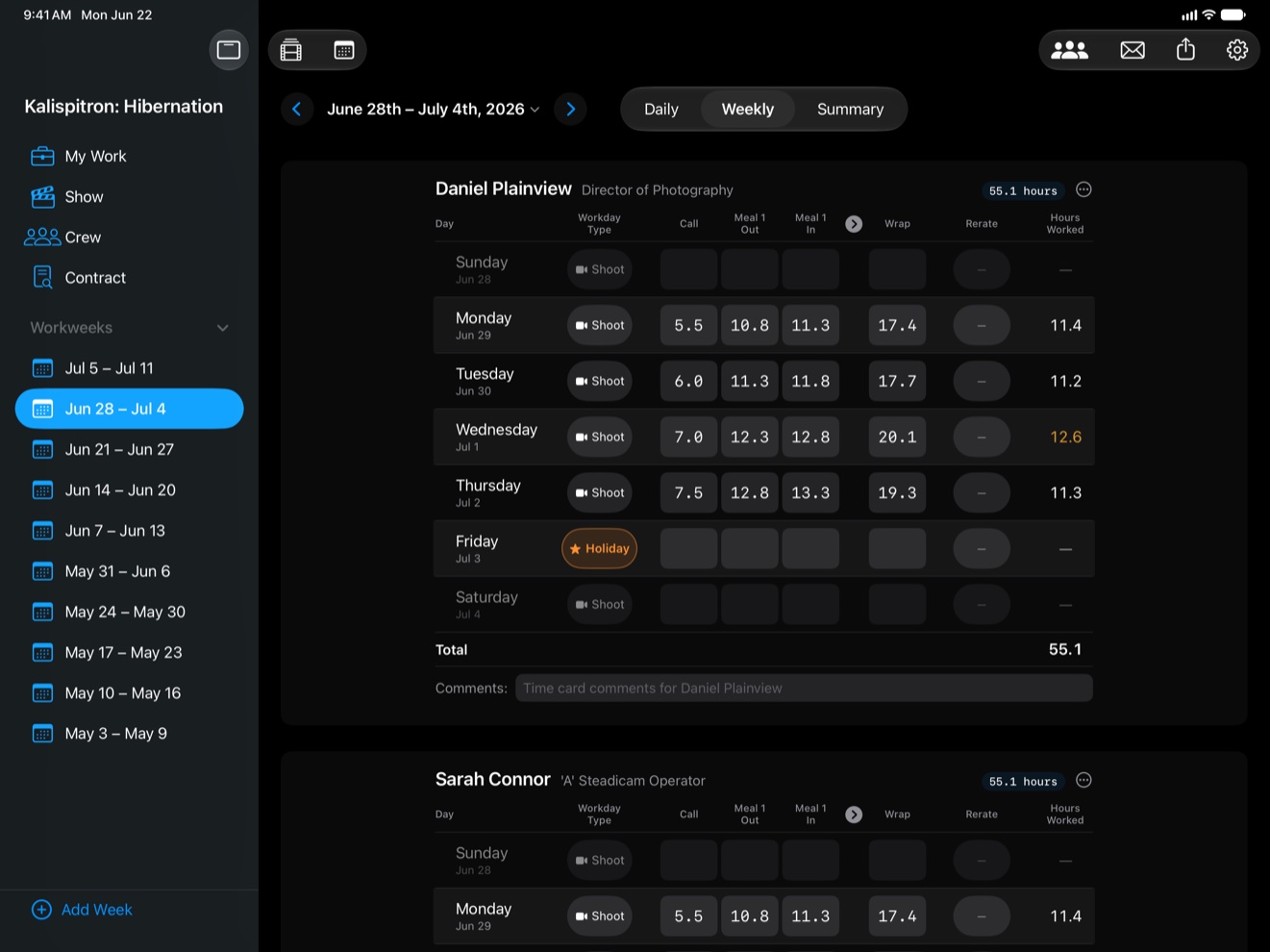 TimeCardRobot weekly per-crew breakdown on iPad