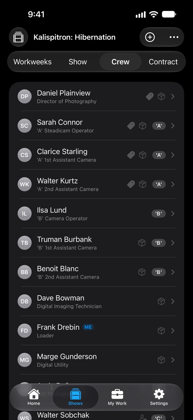TimeCardRobot crew roster with per-crew-member details on iPhone