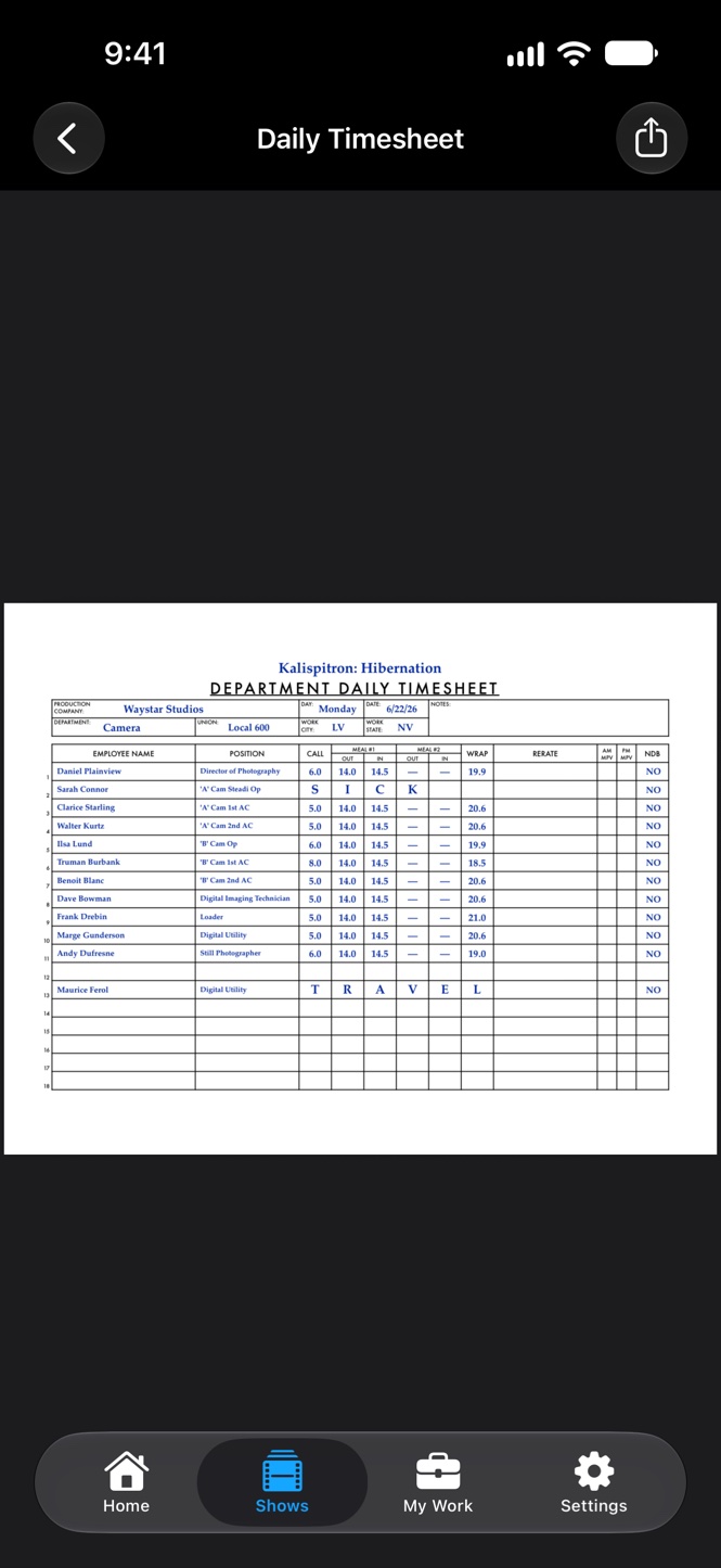 TimeCardRobot Daily Timesheet PDF preview on iPhone
