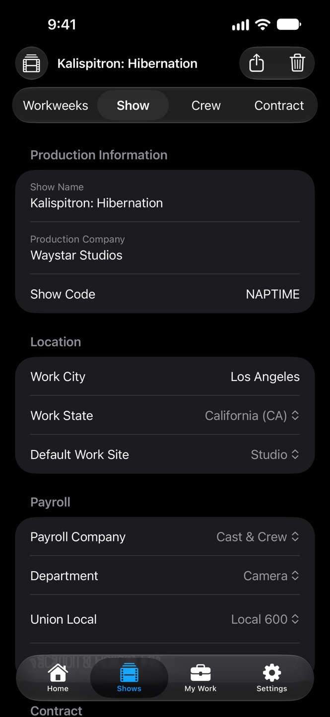 TimeCardRobot production setup — contract type, payroll company, and work location on iPhone