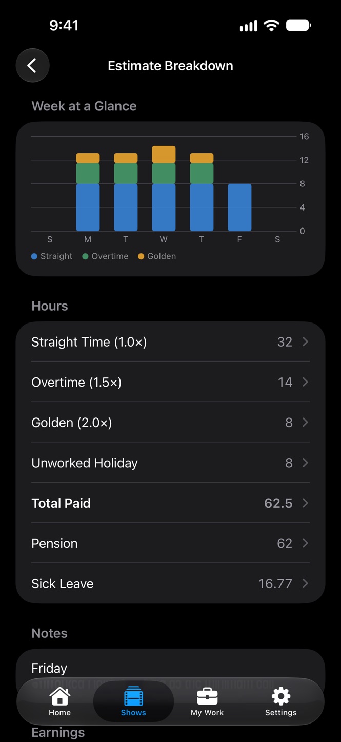 TimeCardRobot summary view with earnings, deductions, and net pay on iPhone