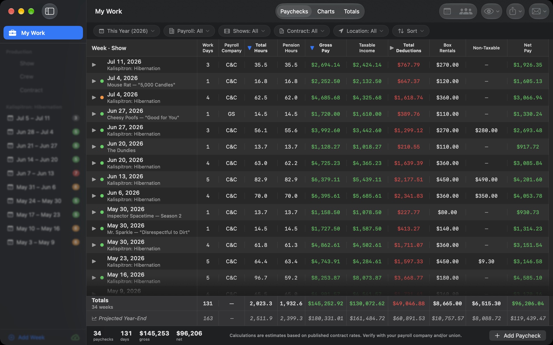 TimeCardRobot My Work — paychecks across every show, reconciled on Mac
