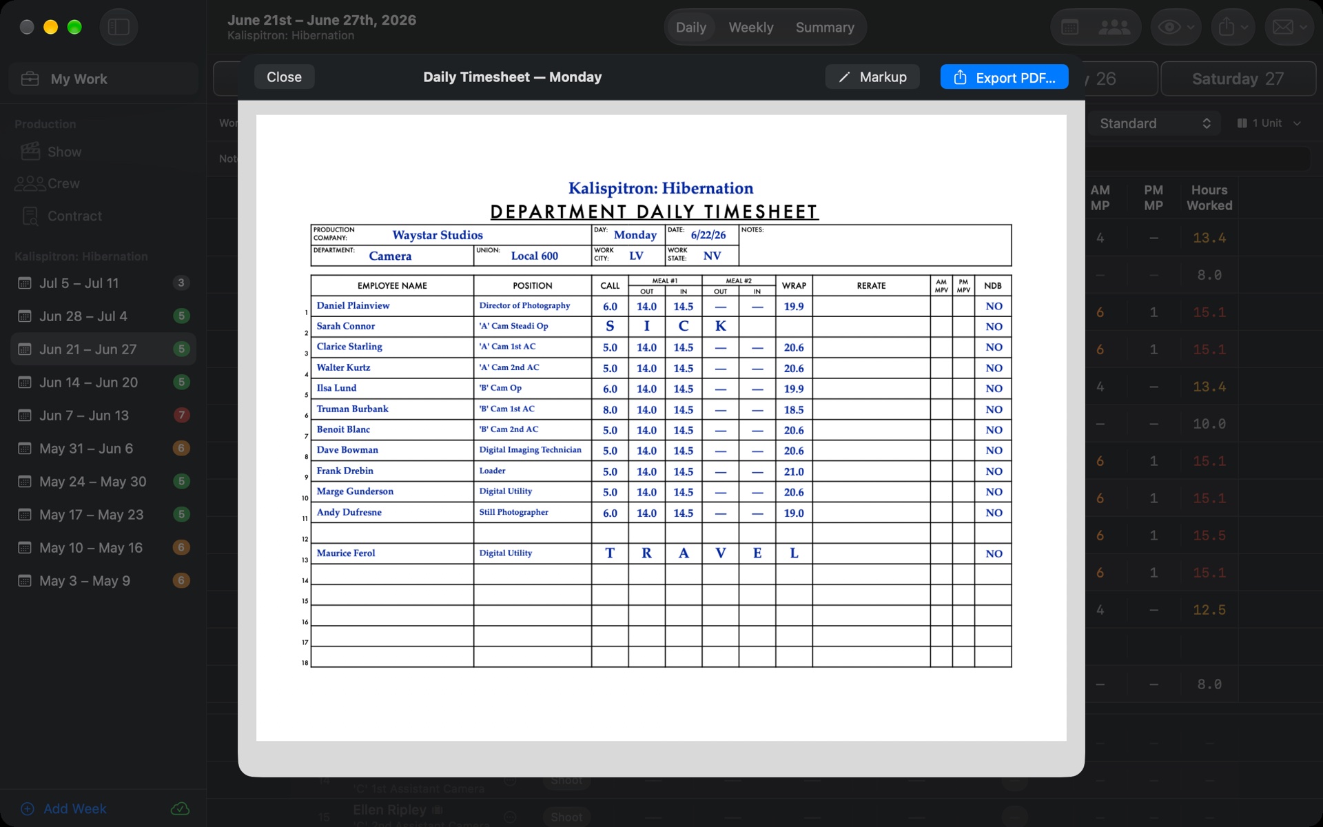 TimeCardRobot Daily Timesheet PDF preview on Mac, ready to export or mark up