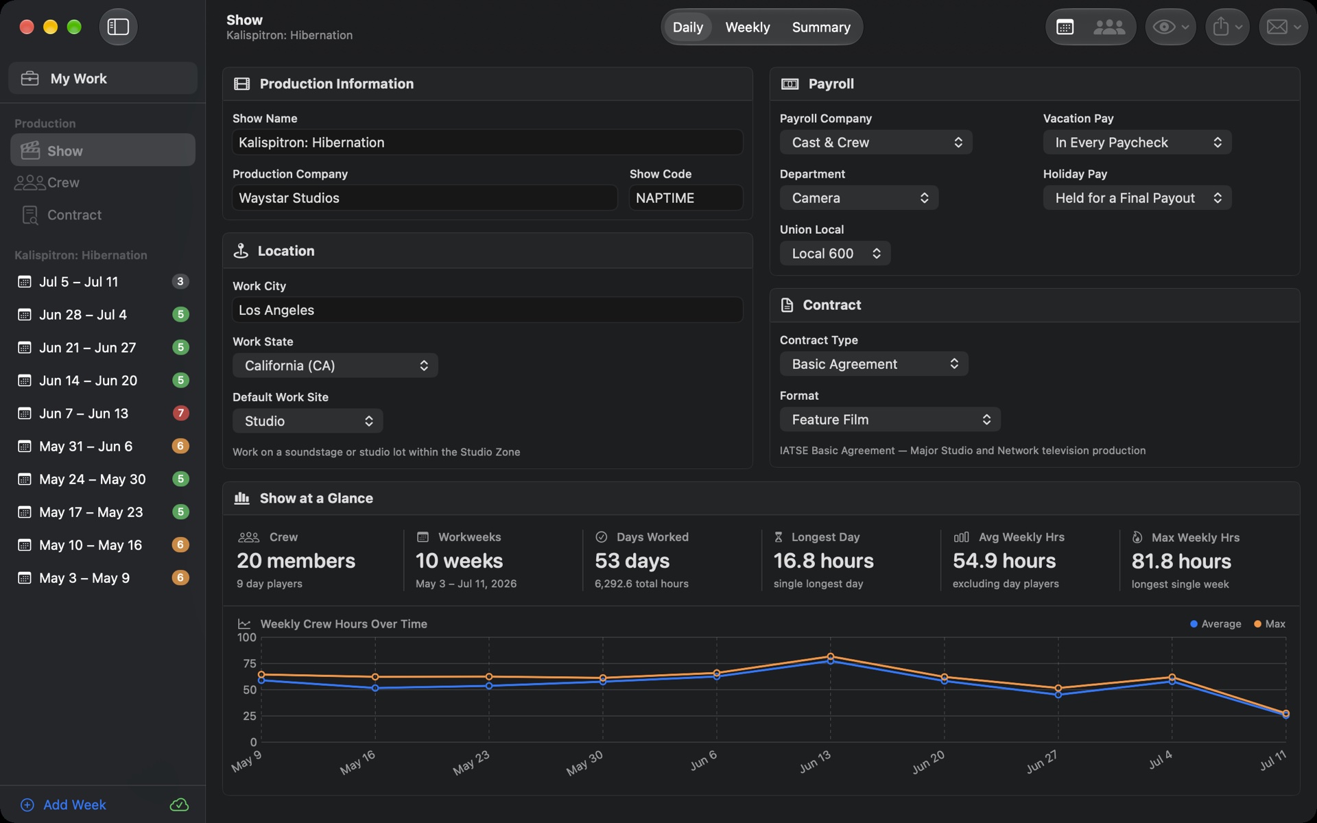 TimeCardRobot production setup — contract type, payroll company, and work location on Mac