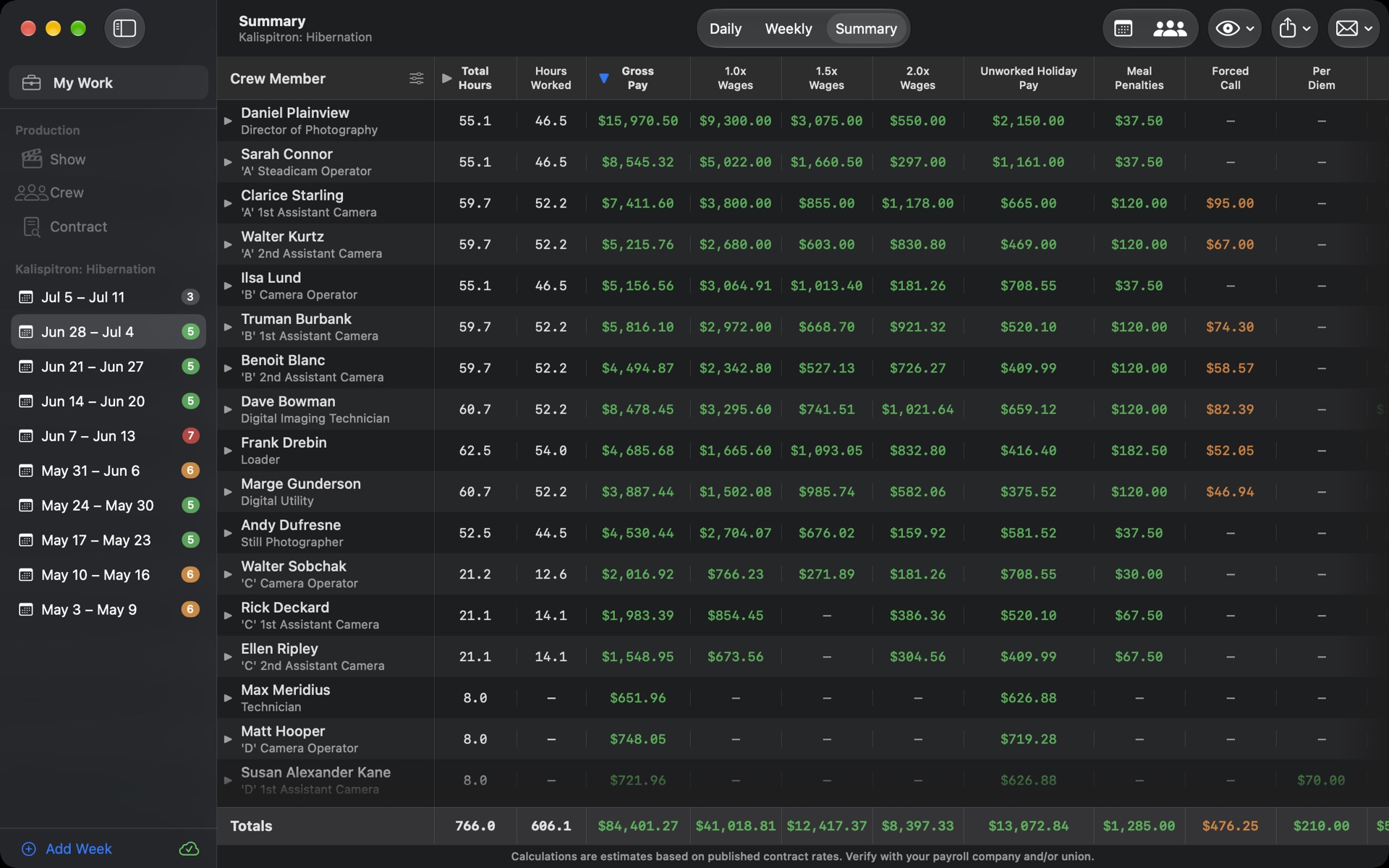 TimeCardRobot summary view with earnings, deductions, and net pay on Mac