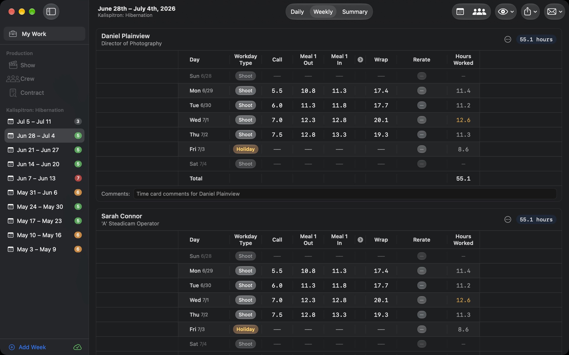 TimeCardRobot weekly per-crew breakdown on Mac